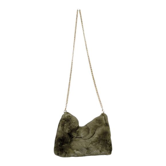 Faux Fur Shoulder Crossbody Bag with Gold Tone Chain Strap Winter Cozy Green - Picture 2 of 11